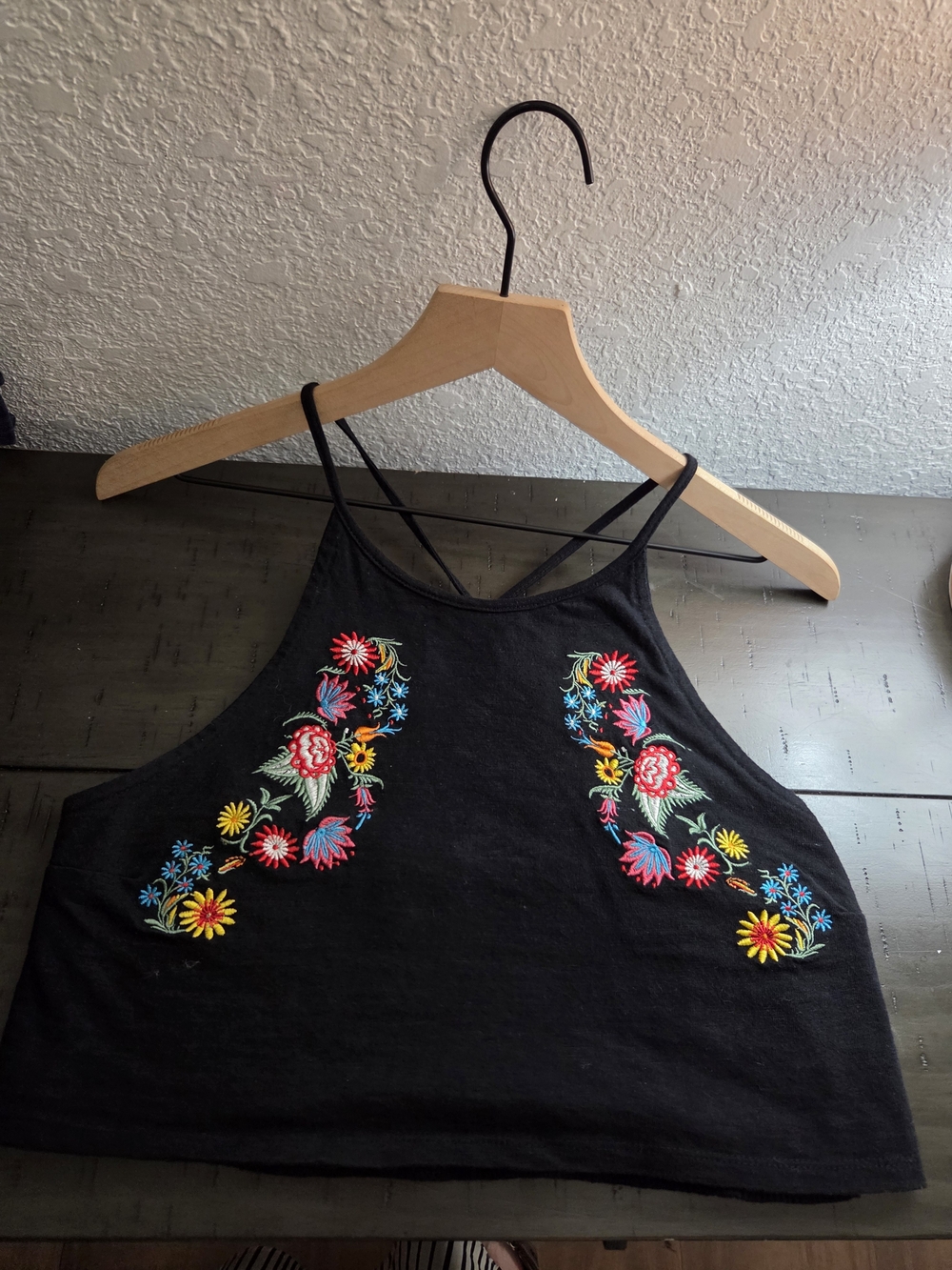 Black Floral Embroidered Halter Crop Top